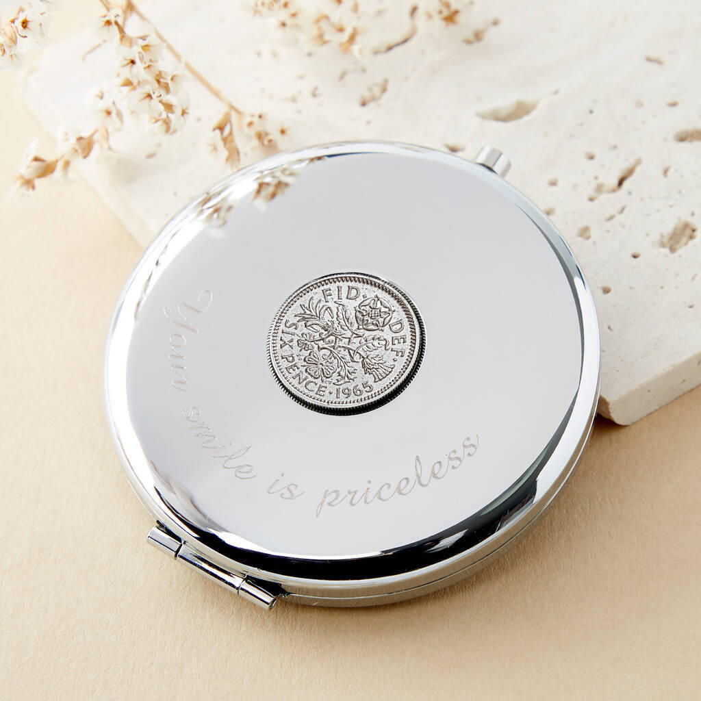 60th Birthday 1965 Sixpence Coin Compact Mirror, Silver