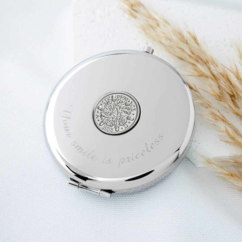 90th Birthday 1935 Sixpence Coin Compact Mirror, Silver