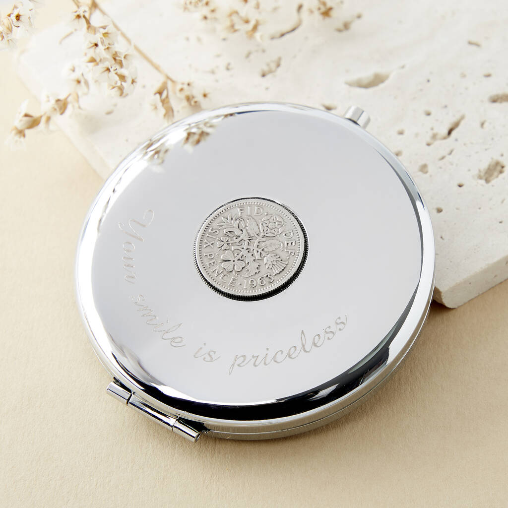 Sixpence Year Coin Compact Mirror 1928 To 1967, Silver