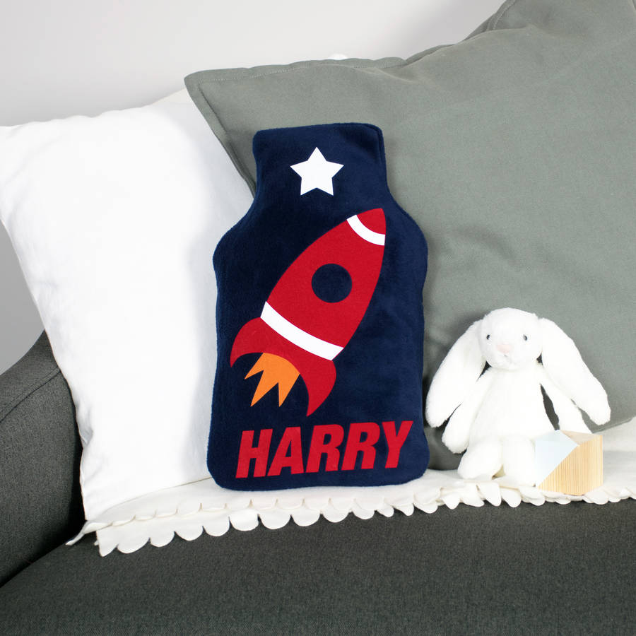 Space Rocket Hot Water Bottle Cover Personalised, Blue