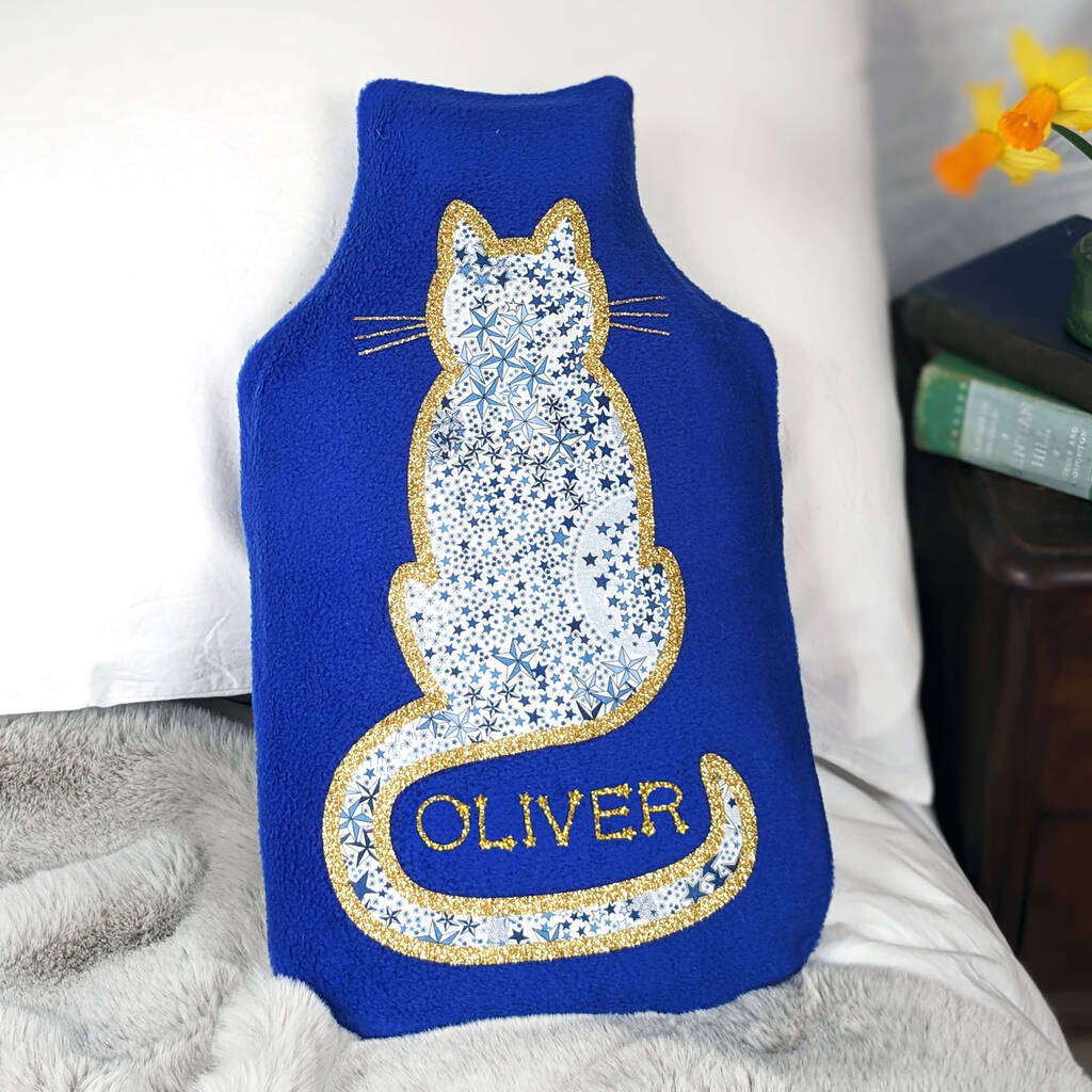 Starry Cat Personalised Hot Water Bottle Cover, Blue