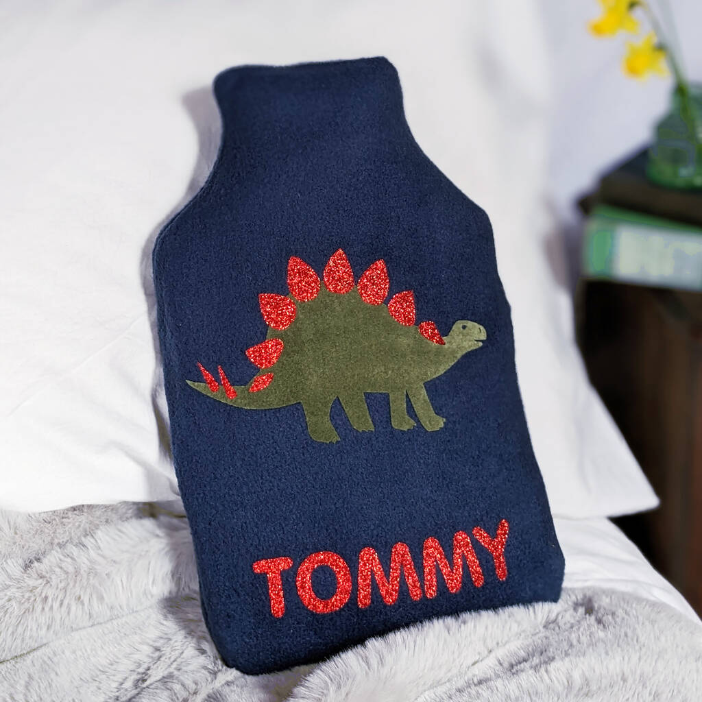 Stegosaurus Personalised Hot Water Bottle Cover, Blue