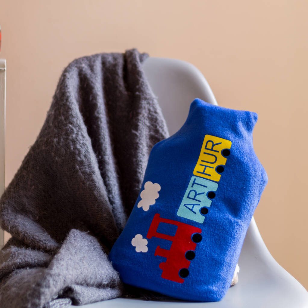 Train Personalised Hot Water Bottle Cover, Blue