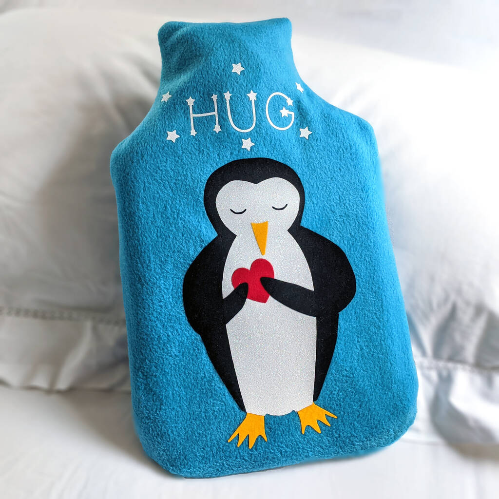 Virtual Hug Penguin Hot Water Bottle Cover Gift, Black/Turquoise/White