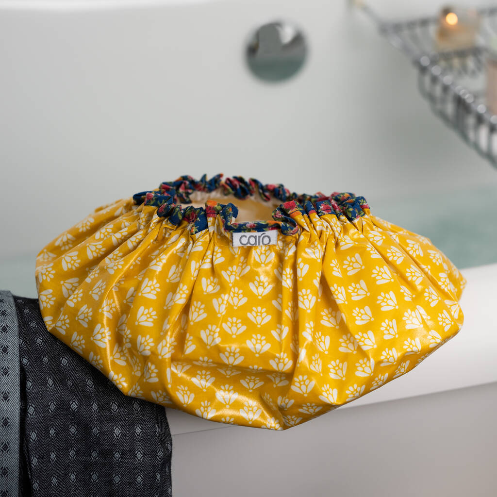 Waterproof Shower Cap In Yellow Mini Block Print, Yellow