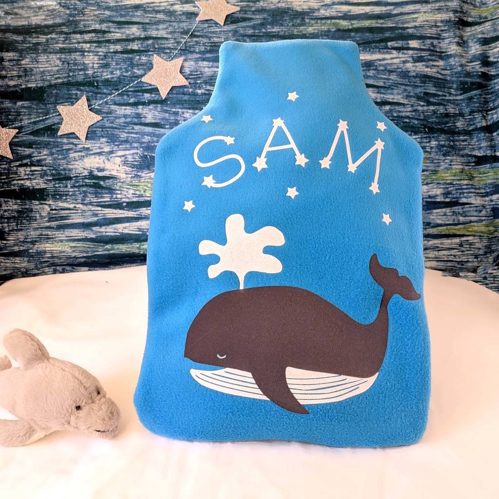 Whale Personalised Hot Water Bottle Cover, Turquoise