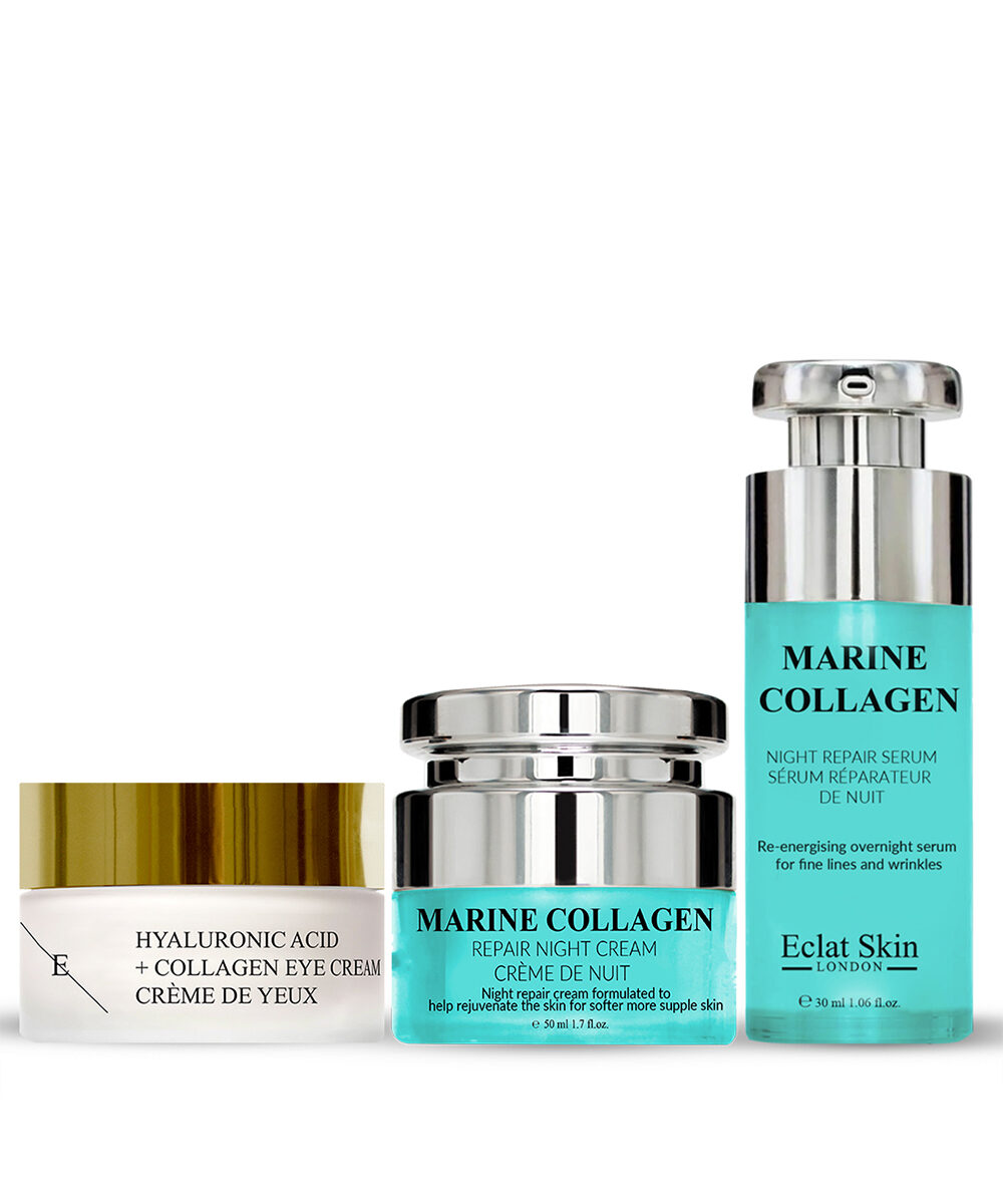 Eclat Skin London Unisex Marine Collagen Night Cream 50ml + Hyaluronic Acid + Pro Age Eye + Repair Serum 30ml - One Size